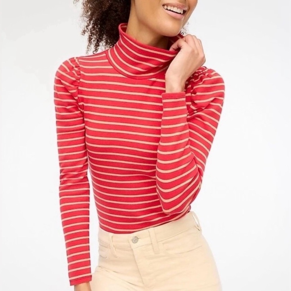 J Crew women’s NNT Size M Red Puff-Sleeve Turtleneck with Metallic Gold Stripes